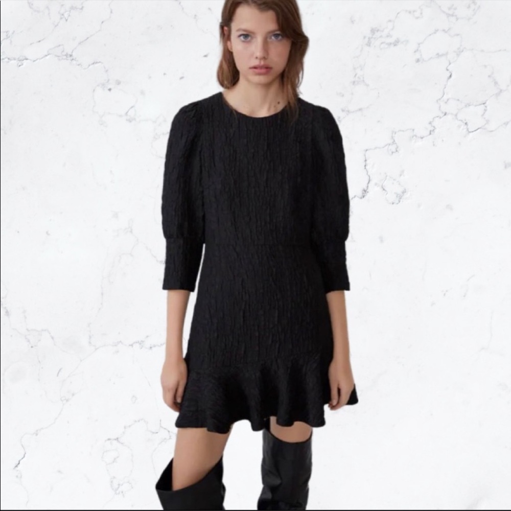 Zara Textured Weave Black Ruffle Mini Dress Size XS